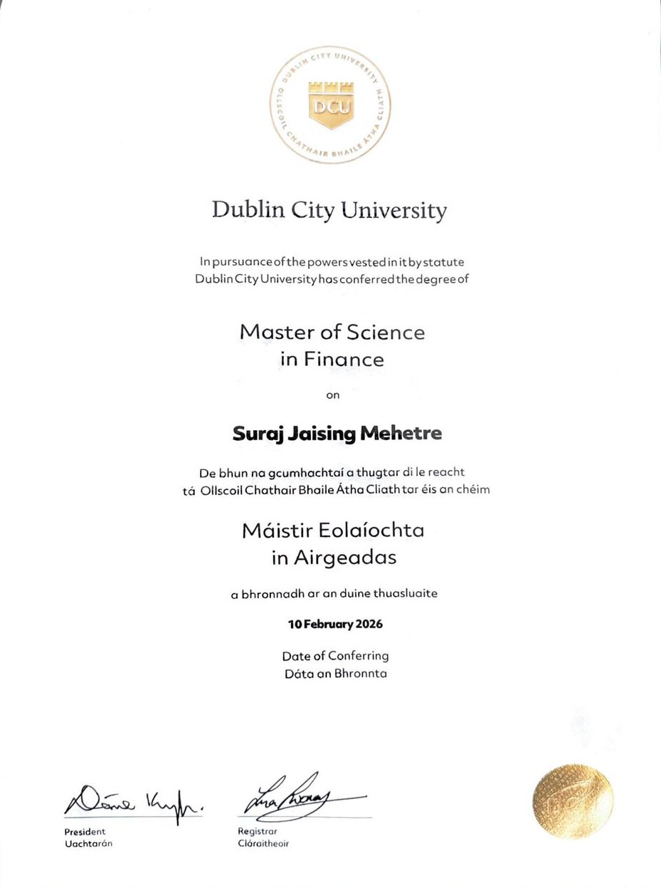 MSc Finance degree certificate, Dublin City University